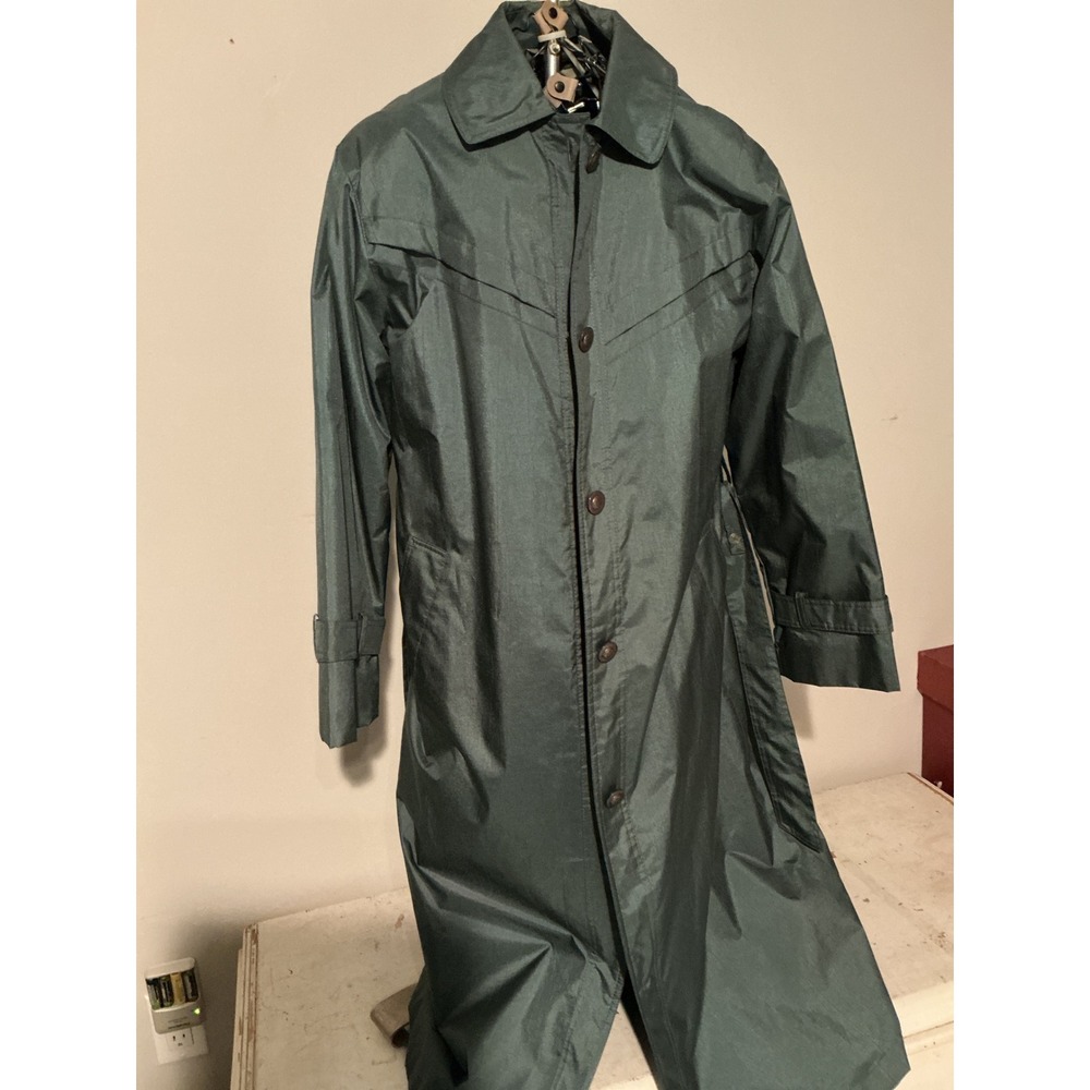 Current Seen Vintage Teal Green Iridescent Trench Coat Plaid Lined Belted 3/4